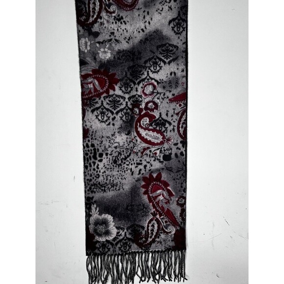 Enya Mantanani 100% Cashmere Scarf Gray Red Paisley Floral Fringe Soft/Warm - Picture 5 of 7